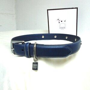 Coach Blue Leather Dog Collar with White Stitching and Silver Charm